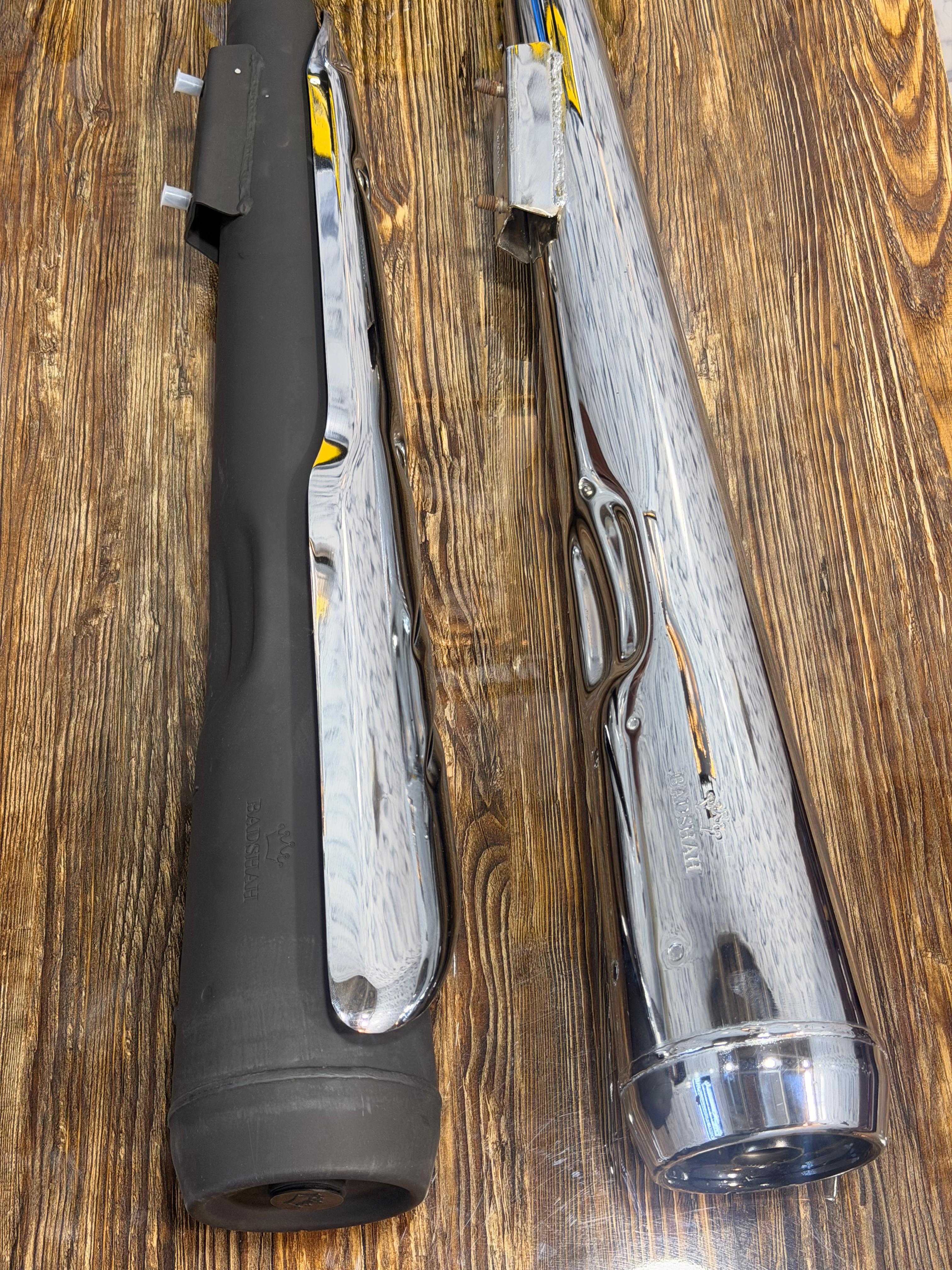 Badshah chrome and black silencers in the workshop